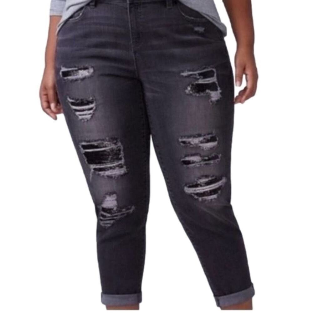 Lane BRYANT Low Rise Black GIRLFRIEND DISTRESS SEQUIN JEANs plus Size 24 - Picture 1 of 14